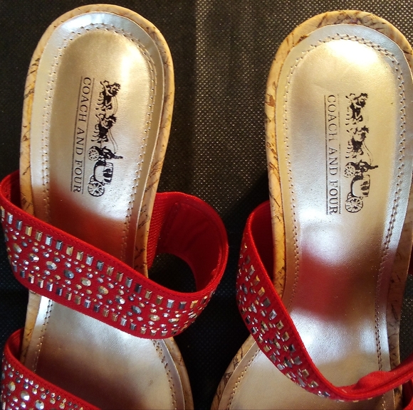 Coach & Four -NWT Cork Wedge Sandal, Two Red Fabric Straps Accented W/Gold Accen - Picture 1 of 10